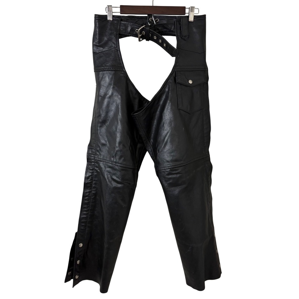 R Leather Men 29-34" Black Leather Biker Chaps Pants Motorcycle Riding Pants Y2K